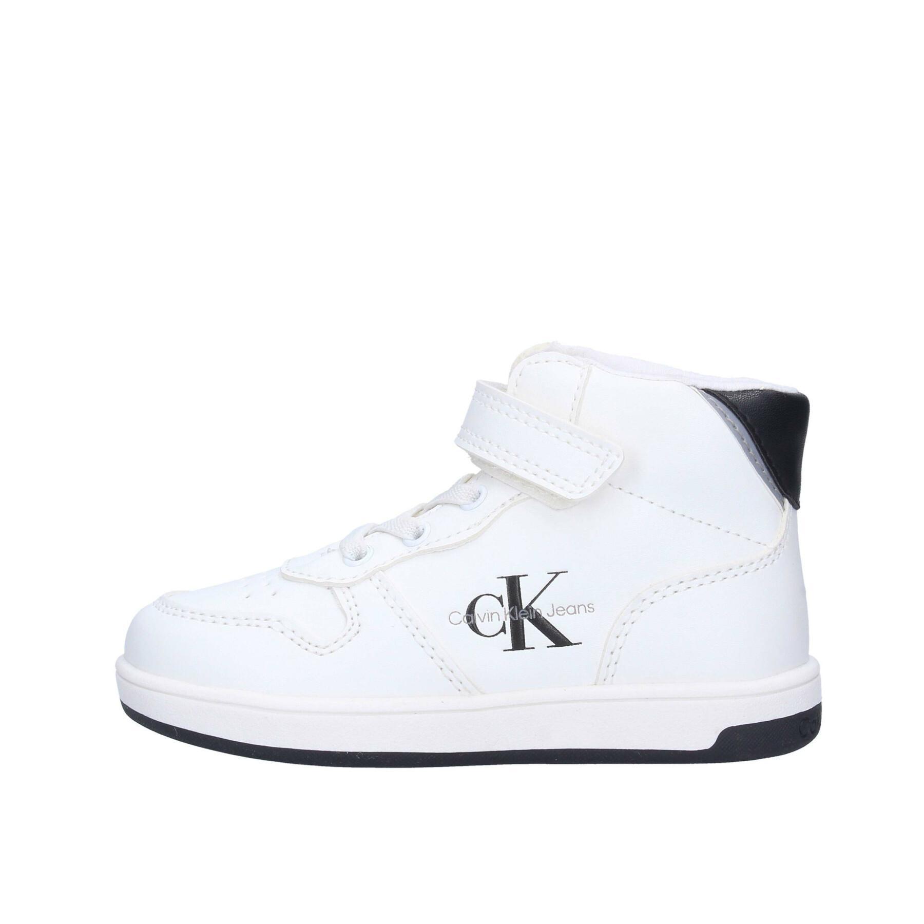 Högklackade sneakers med snörning och kardborreband för barn Calvin Klein white/black
