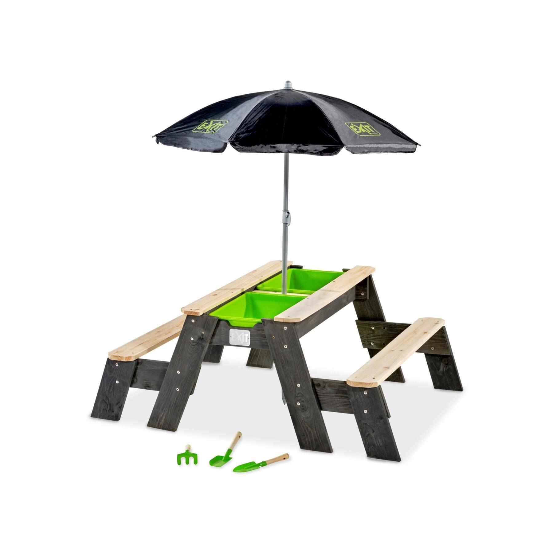 Sand- och vattenaktivitetsbord och picknickområde (2 bänkar) med parasoll och trädgårdsredskap Exit Toys Aksent